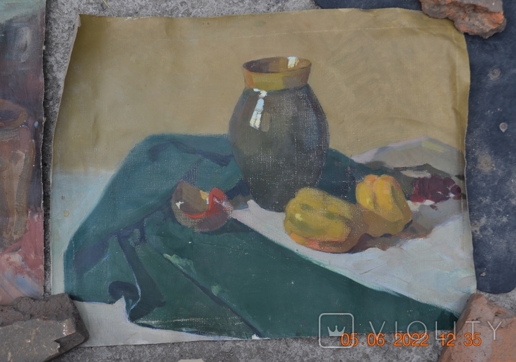 Старая картина "Натюрморт с кувшином, перцем и ещё чем-то". Холст, масло. Размер 65х50 см.