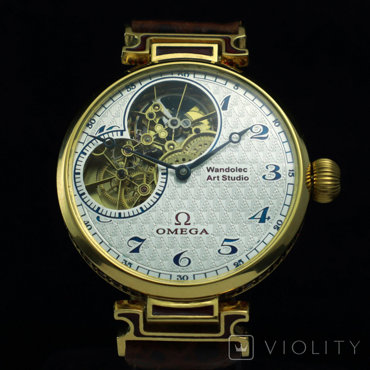 Чоловічий вінтажний наручний годинник скелетон Wаndolec з механізмом Омега Omega Swiss, фото №4