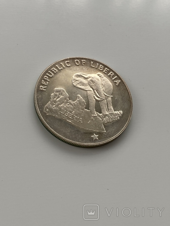 5 долларов 1973 года. Либерия. Слоны. Серебро 34,1 гр., фото №4