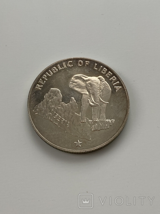 5 долларов 1973 года. Либерия. Слоны. Серебро 34,1 гр., фото №5