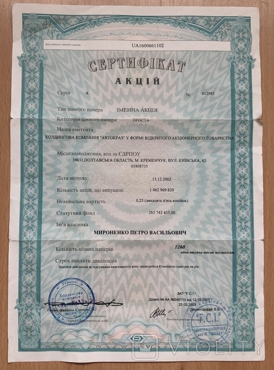 Сертификат акций "АвтоКраз"