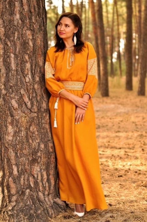 Плаття з вишивкою гірчичного кольору з натурального льону, фото №3