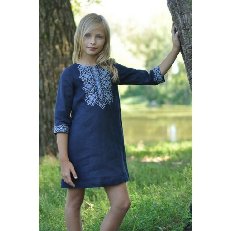 Сукня для дівчинки з синього льону з вишивкою, фото №3