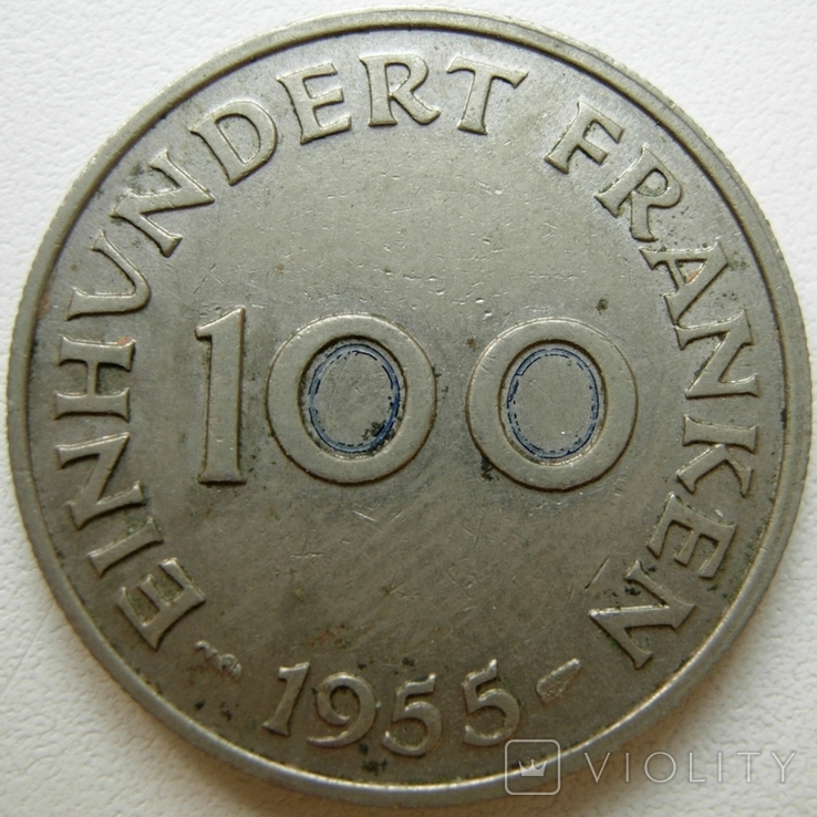 Saarland 100 francs 1955, photo number 2