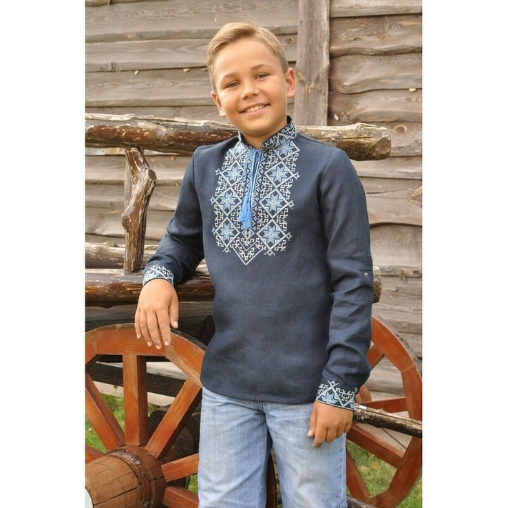 Дитяча вишита сорочка для хлопчика з синього льону, фото №5