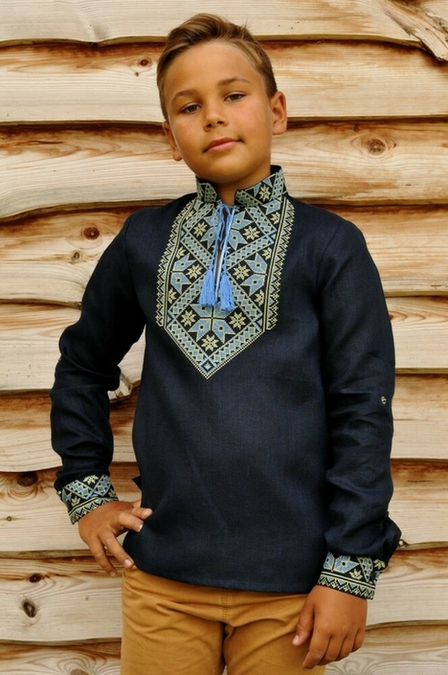 Дитяча синя вишиванка для хлопчика з геометричним орнаментом, фото №4