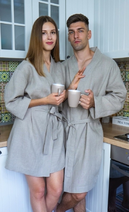 Комплект банних халатів для чоловіка та жінки з натурального льону, фото №6