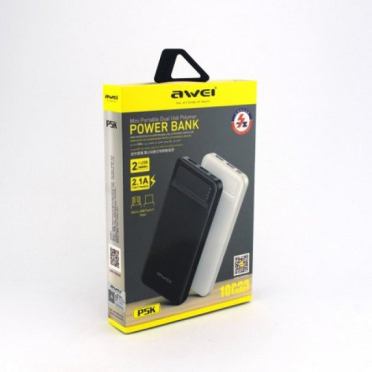  Power Bank Awei P5K 10000 mah Портативное зарядное УМБ 2xUSB черный, фото №6