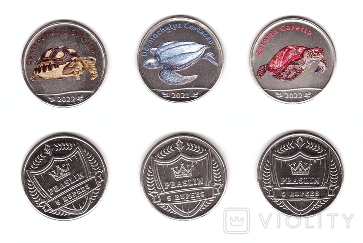 Fantasy - Praslin - 5 pcs x set 3 coins x 5 Rupees 2021 - 2022 turtles, photo number 3