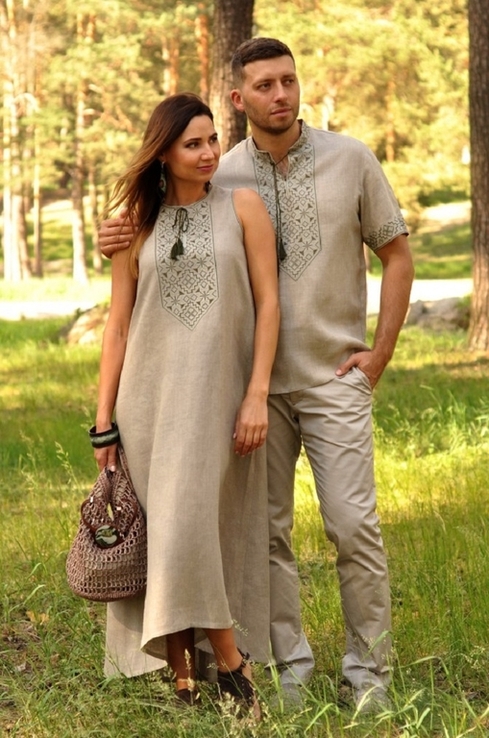 Комплект з натурального льону - чоловіча сорочка з коротким рукавом і жіноча довга сукня, фото №4