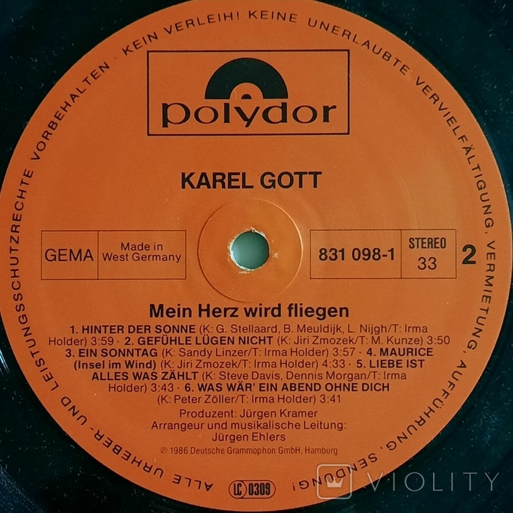 Karel Gott Album Vinyl Wird Polydor Mein / Herz «VIOLITY» // Готт Карел / //1986// / / LP Fliegen 