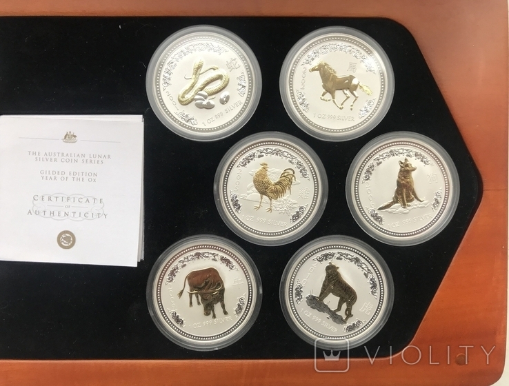 Набор монет Австралийский лунар I серии, 1 доллар с позолотой, 12 шт., серебро, photo number 4