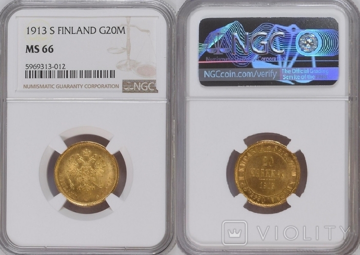 20 марок 1913 года S NGC MS66 Россия для Финляндии