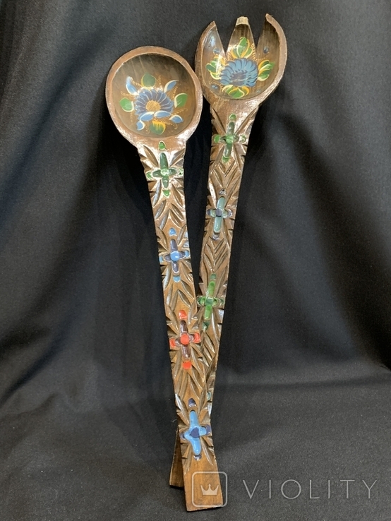 Huge antique spoon fork 57 cm and 54 cm wood carving hand painted Germany, photo number 3