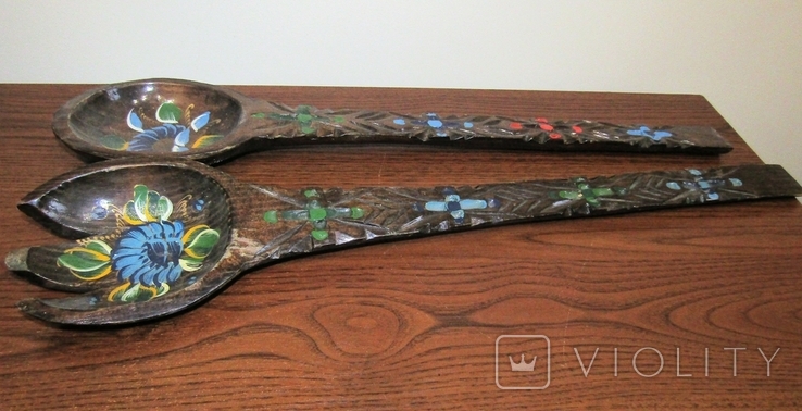 Huge antique spoon fork 57 cm and 54 cm wood carving hand painted Germany, photo number 5