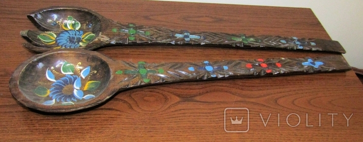 Huge antique spoon fork 57 cm and 54 cm wood carving hand painted Germany, photo number 7