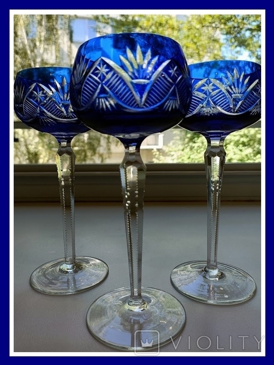 High champagne glasses, blue crystal, old Bohemia, 3 pcs., photo number 2