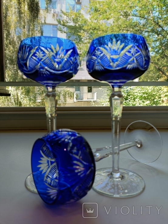 High champagne glasses, blue crystal, old Bohemia, 3 pcs., photo number 3