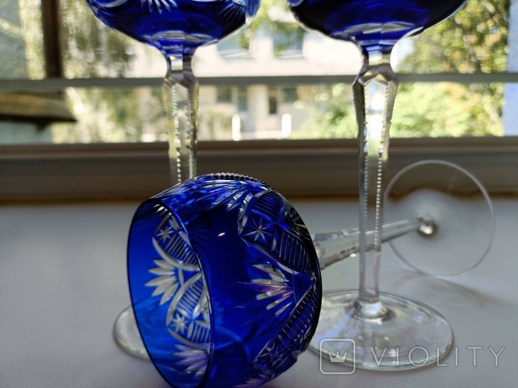 High champagne glasses, blue crystal, old Bohemia, 3 pcs., photo number 7