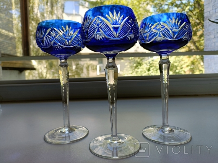 High champagne glasses, blue crystal, old Bohemia, 3 pcs., photo number 12