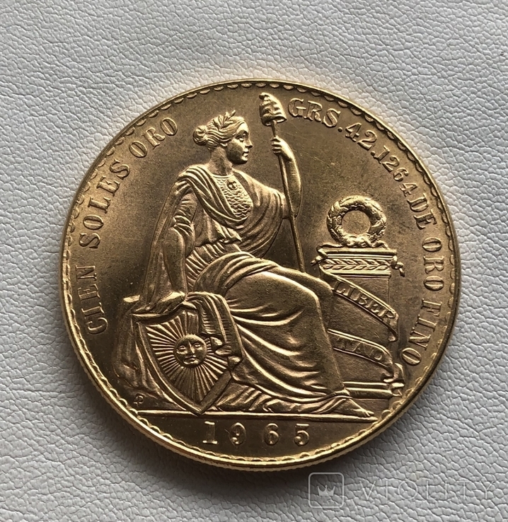 100 солей 1965 год Перу, золото 46,80 грамм 900, фото №5