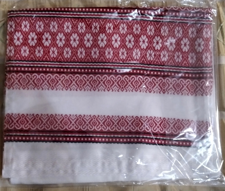 Рушник тканый вышитый длина 150 см, белый с красным орнаментом N 1, фото №4
