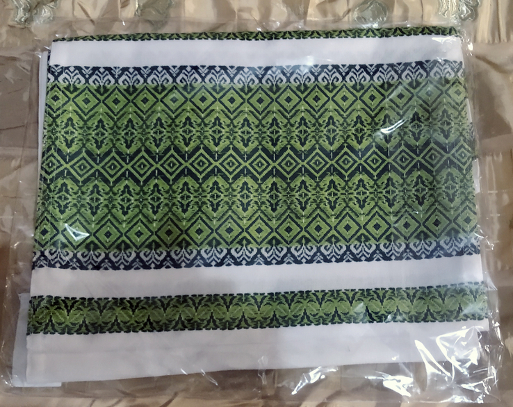Рушник тканый вышитый длина 180 см, белый с зеленым орнаментом (оттенки хаки) N 2, фото №4