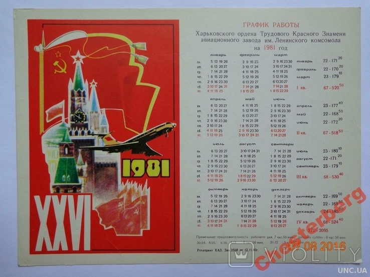 Work schedule of the Kharkov Aviation Plant for 1981 (USSR)