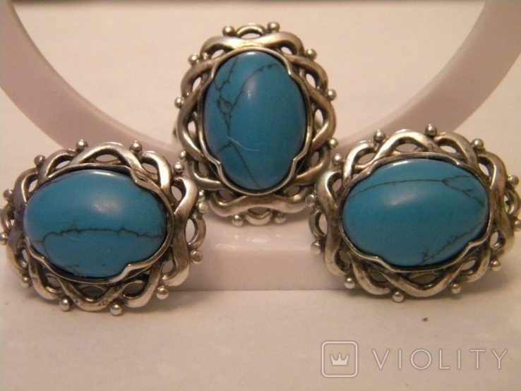 Set of large earrings ring turquoise silver 925 Ukraine No570, photo number 3