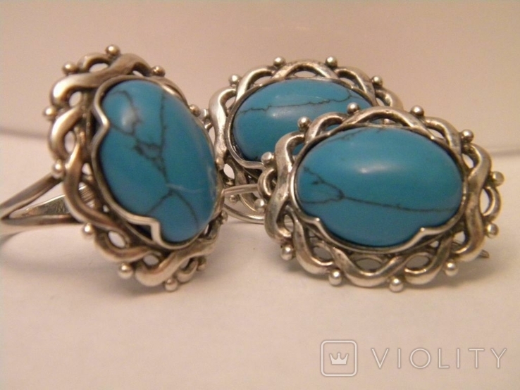 Set of large earrings ring turquoise silver 925 Ukraine No570, photo number 4