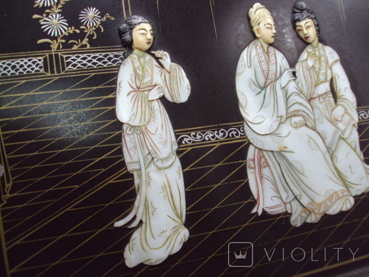 Живописне панно китайське кістяне перламутрове живопис чоловік і жінка розмір 25 х 30,5 см, фото №7