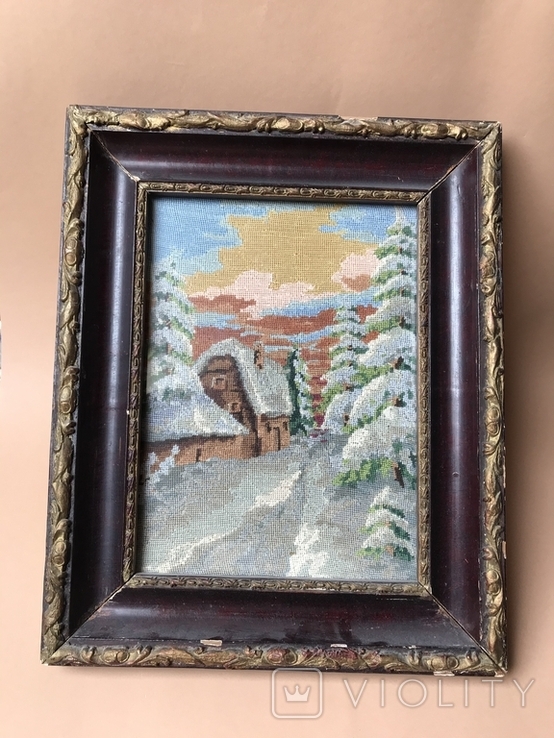 Стара вишита картина "Зимне село".
