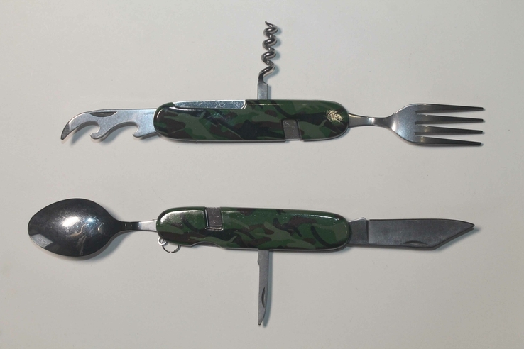 Туристичний столовий прибор (виделка, ложка, ніж, відкривачка) камуфляж (1500), фото №3