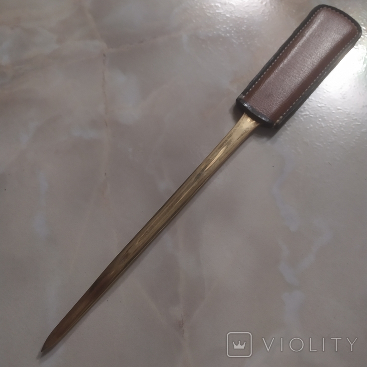Нож для бумаг Латунь Натуральная кожа на Кожанной подставке Клеймо Настольный декор, photo number 9