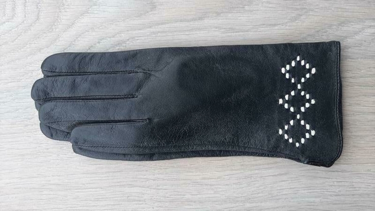 Женские кожаные демисезонные перчатки (черные, с байковой подкладкой), фото №7
