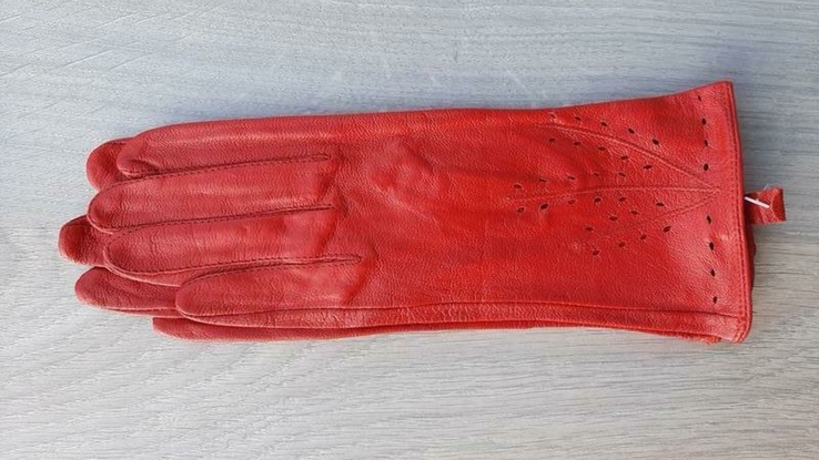 Женские кожаные демисезонные перчатки (красные, без подкладки), фото №2