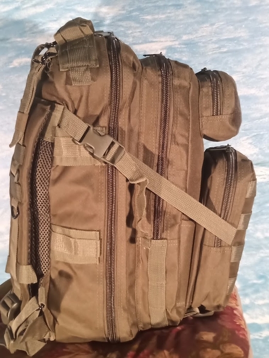Рюкзак тактический военный 25 литров прочная ткань и фурнитура цвета хаки, фото №4