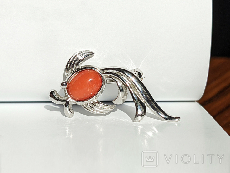 Silver brooch with coral silver 925 fish, photo number 3