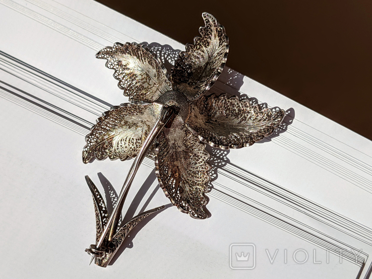 Antique silver brooch portugal flower silver scani filigree, photo number 3