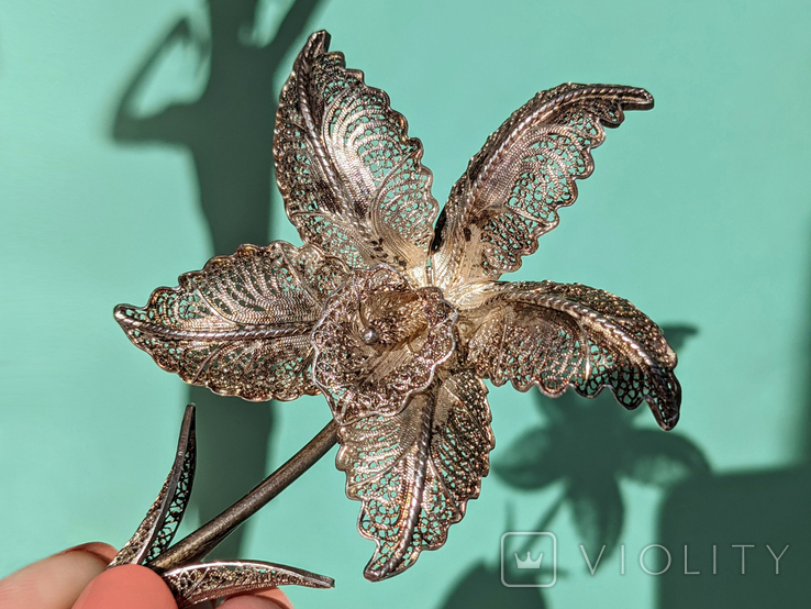 Antique silver brooch portugal flower silver scani filigree, photo number 4