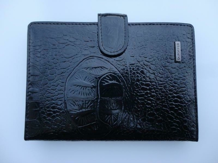 Кожаная двойная обложка на паспорт dr.koffer (лакированная, черная), фото №3