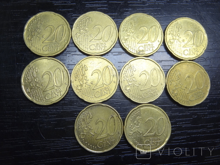 20 євроцентів Німеччина (порічниця) 10шт, всі різні, фото №3