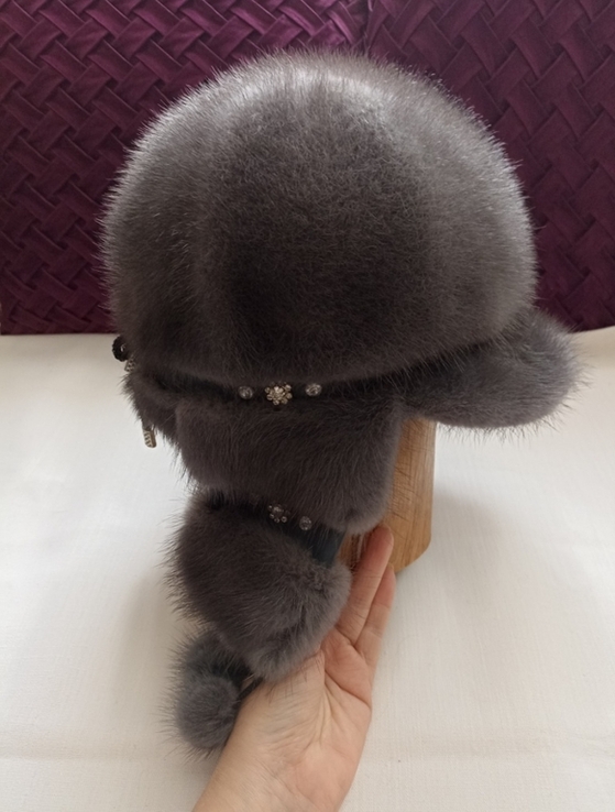 Норковая красивая стильная теплая шапка ушанка женская голубая норка, фото №5