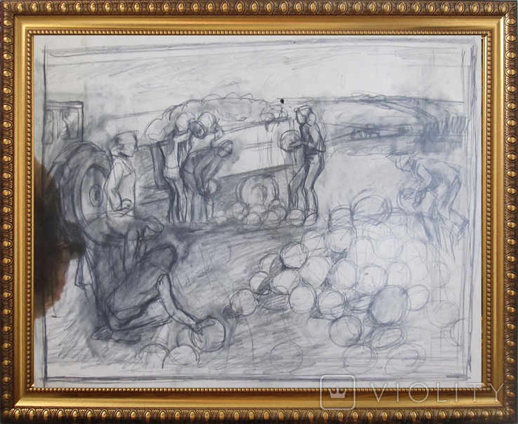 Соцреализм. Рисунок с натуры. Колхоз, уборка арбузов, карандаш, 1970-е, фото №2