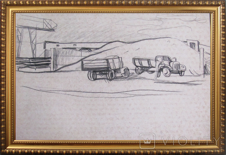 Соцреализм. Рисунок с натуры. Колхоз, элеватор, карандаш, 1970-е, фото №2