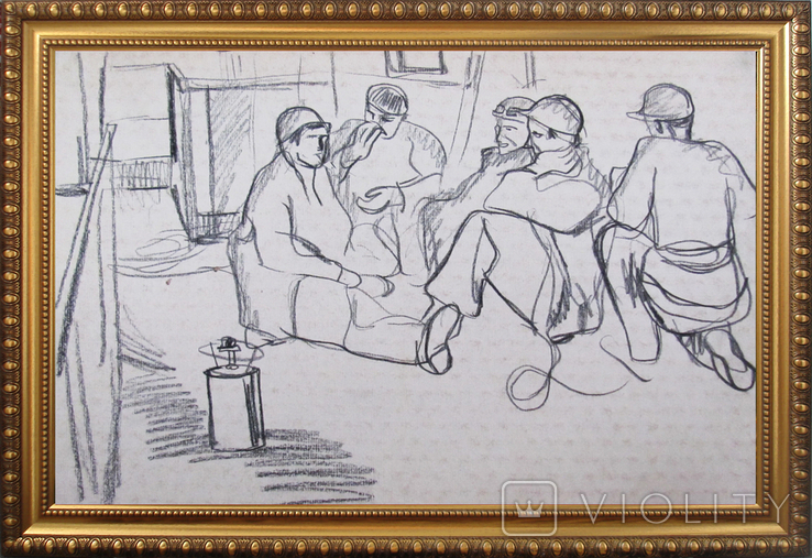 Соцреализм. Рабочие на перерыве, карандаш. Рисунок с натуры, 1970-е, фото №2