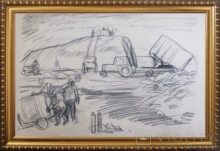Соцреализм. Колхоз, скирдовка сена, карандаш. Рисунок с натуры, 1970-е, фото №2