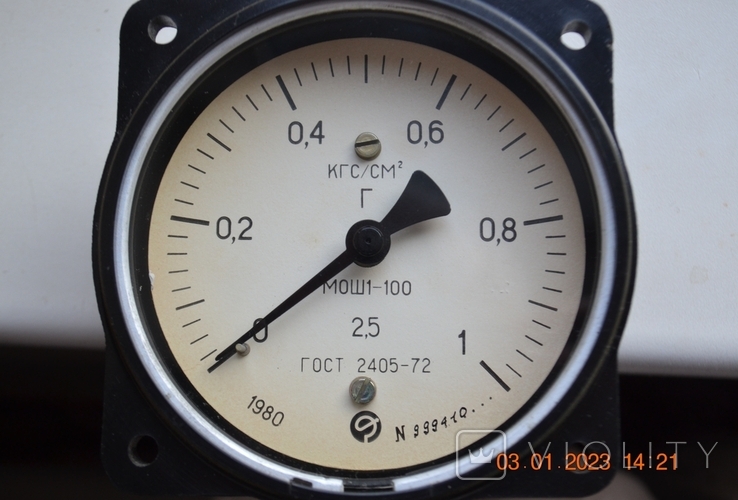 Pressure gauge showing MOSh1-100 from 0 to 1 kgf / cm2. GOST 2405-72. №999410. 1980 year of release, photo number 3