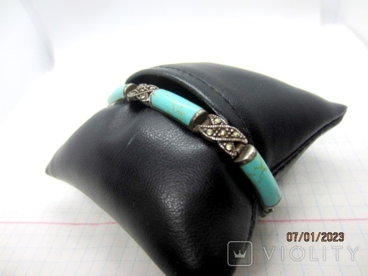 Vintage bracelet silver 925 marcasite natural turquoise, photo number 3