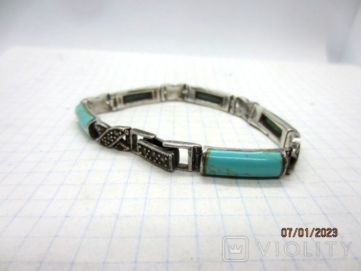 Vintage bracelet silver 925 marcasite natural turquoise, photo number 6